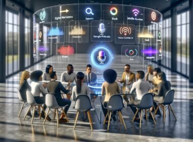 Digitale Marketer und Entwickler arbeiten an einem High-Tech-Konferenztisch mit holografischen Podcast-Listen, Einkaufswagen und Analyse-Dashboards. Im Vordergrund ein leuchtender Smart Speaker während eines Sprachbefehls.