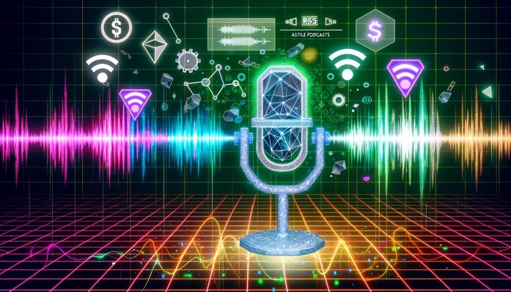 Futuristisches, polygonales Podcast-Mikrofon mit LEDs, flankiert von Blockchain-Elementen, Token-Symbolen, RSS3-Logos und digitalen Wellen auf buntem Matrix-Hintergrund.