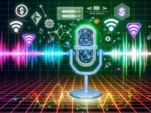 Futuristisches, polygonales Podcast-Mikrofon mit LEDs, flankiert von Blockchain-Elementen, Token-Symbolen, RSS3-Logos und digitalen Wellen auf buntem Matrix-Hintergrund.