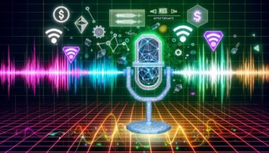 Futuristisches, polygonales Podcast-Mikrofon mit LEDs, flankiert von Blockchain-Elementen, Token-Symbolen, RSS3-Logos und digitalen Wellen auf buntem Matrix-Hintergrund.