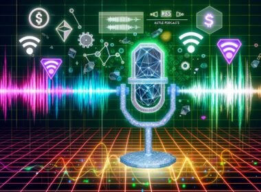 Futuristisches, polygonales Podcast-Mikrofon mit LEDs, flankiert von Blockchain-Elementen, Token-Symbolen, RSS3-Logos und digitalen Wellen auf buntem Matrix-Hintergrund.