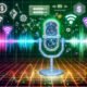 Futuristisches, polygonales Podcast-Mikrofon mit LEDs, flankiert von Blockchain-Elementen, Token-Symbolen, RSS3-Logos und digitalen Wellen auf buntem Matrix-Hintergrund.
