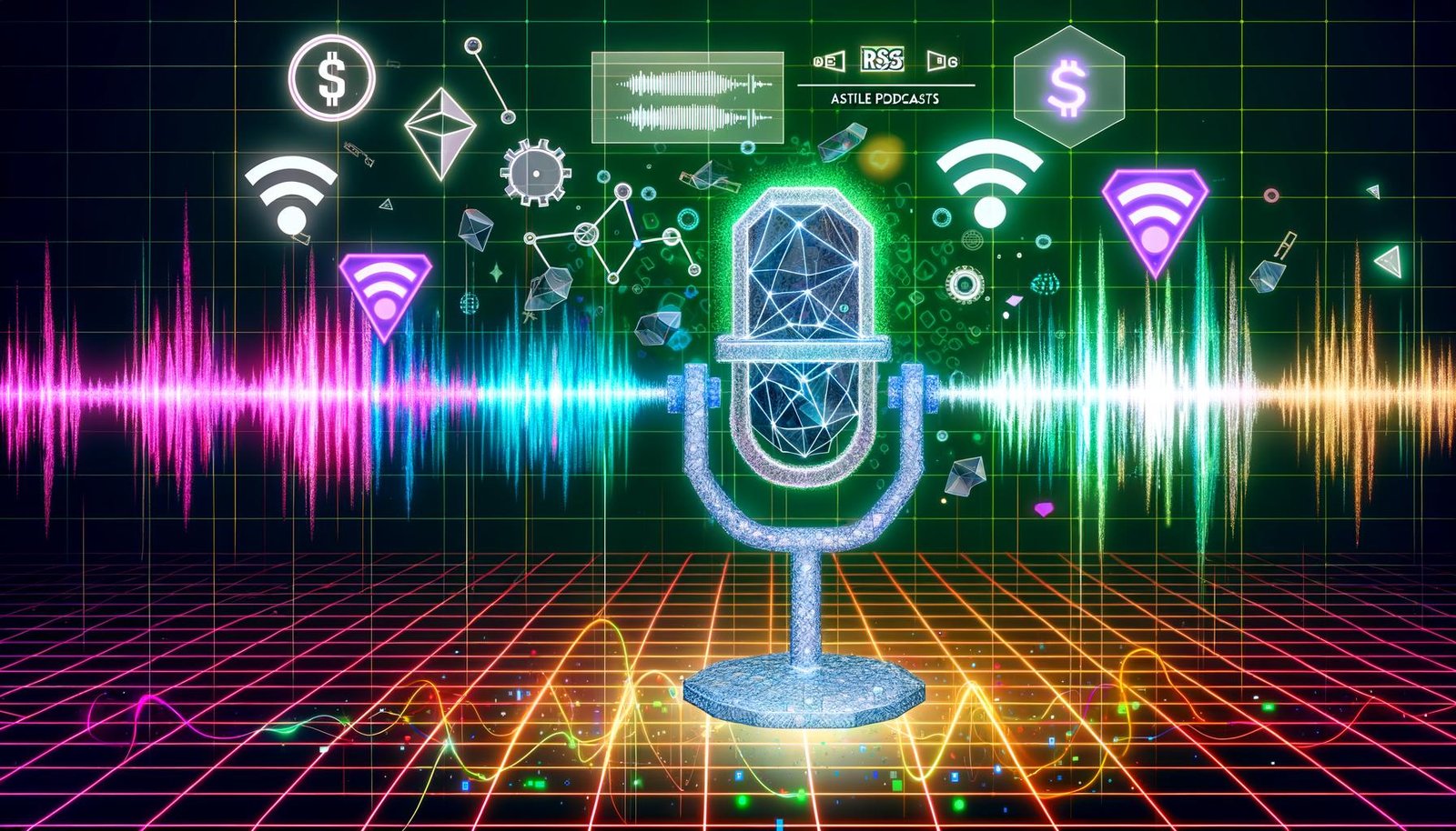 Futuristisches, polygonales Podcast-Mikrofon mit LEDs, flankiert von Blockchain-Elementen, Token-Symbolen, RSS3-Logos und digitalen Wellen auf buntem Matrix-Hintergrund.