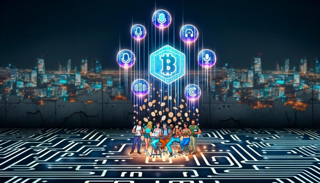 Futuristisches Podcast-Studio im Herzen einer verfallenden Stadt aus Tech-Logos mit Blockchain-Ketten, NFTs und Web3-Elementen, podcaster bedienen holografische Schnittstellen.