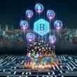 Futuristisches Podcast-Studio im Herzen einer verfallenden Stadt aus Tech-Logos mit Blockchain-Ketten, NFTs und Web3-Elementen, podcaster bedienen holografische Schnittstellen.