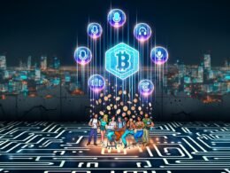 Futuristisches Podcast-Studio im Herzen einer verfallenden Stadt aus Tech-Logos mit Blockchain-Ketten, NFTs und Web3-Elementen, podcaster bedienen holografische Schnittstellen.