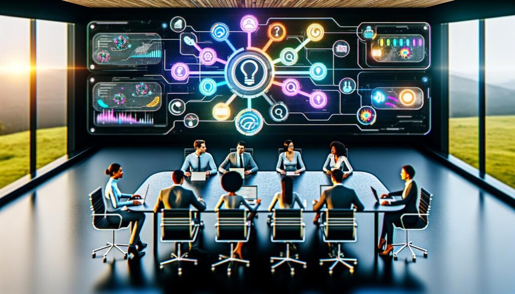 Futuristischer, effizienter Arbeitsbereich mit diversen Personen, Notion-Dashboard, KI-, SEO- und Podcast-Symbolen in technischer Atmosphäre.