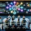 Futuristischer, effizienter Arbeitsbereich mit diversen Personen, Notion-Dashboard, KI-, SEO- und Podcast-Symbolen in technischer Atmosphäre.