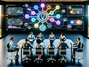 Futuristischer, effizienter Arbeitsbereich mit diversen Personen, Notion-Dashboard, KI-, SEO- und Podcast-Symbolen in technischer Atmosphäre.