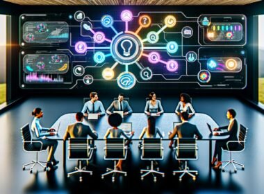 Futuristischer, effizienter Arbeitsbereich mit diversen Personen, Notion-Dashboard, KI-, SEO- und Podcast-Symbolen in technischer Atmosphäre.