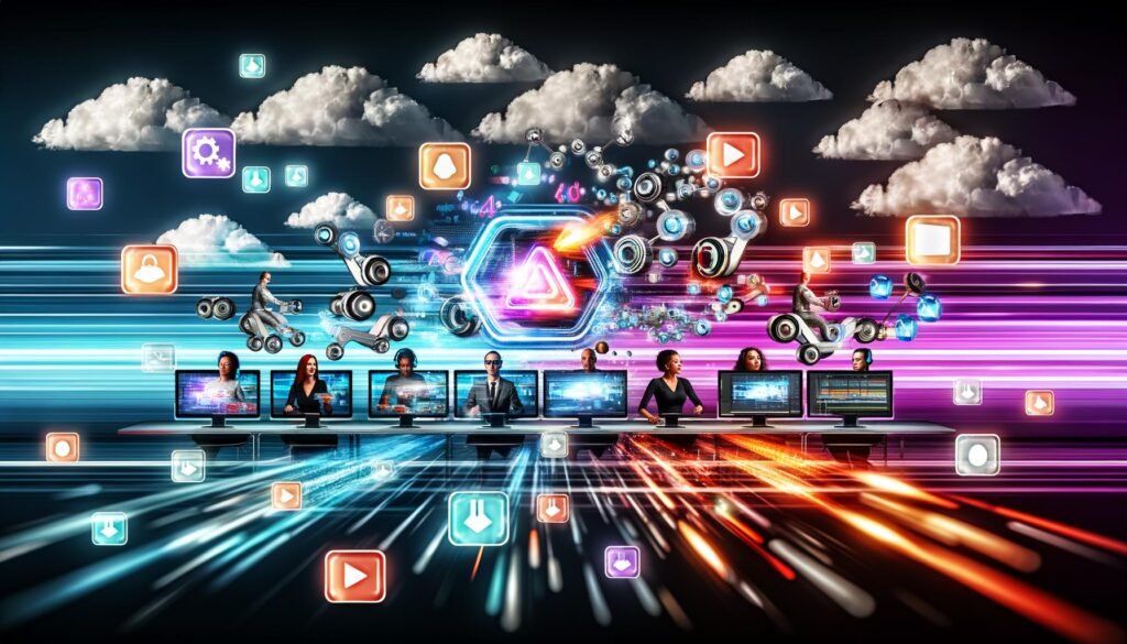 Mitarbeitende bedienen einen hyper-dynamischen digitalen Arbeitsplatz mit Videotimelines, automatisierten Prozessen und Roboterarmen, die Videos effizient auf Social-Media-Plattformen verteilen.