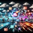 Mitarbeitende bedienen einen hyper-dynamischen digitalen Arbeitsplatz mit Videotimelines, automatisierten Prozessen und Roboterarmen, die Videos effizient auf Social-Media-Plattformen verteilen.