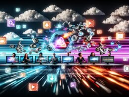 Mitarbeitende bedienen einen hyper-dynamischen digitalen Arbeitsplatz mit Videotimelines, automatisierten Prozessen und Roboterarmen, die Videos effizient auf Social-Media-Plattformen verteilen.