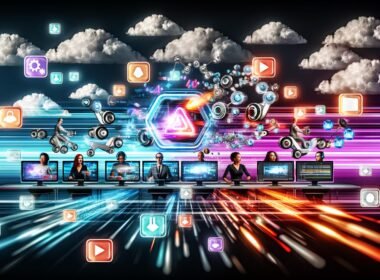 Mitarbeitende bedienen einen hyper-dynamischen digitalen Arbeitsplatz mit Videotimelines, automatisierten Prozessen und Roboterarmen, die Videos effizient auf Social-Media-Plattformen verteilen.
