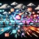Mitarbeitende bedienen einen hyper-dynamischen digitalen Arbeitsplatz mit Videotimelines, automatisierten Prozessen und Roboterarmen, die Videos effizient auf Social-Media-Plattformen verteilen.