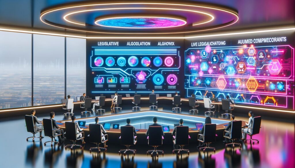 Moderner Konferenzraum 2025 mit diversen Expert:innen, die an holografischen Bildschirmen Gesetzgebungsprozesse, Algorithmen und smarte Verträge visualisieren.