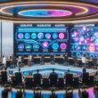 Moderner Konferenzraum 2025 mit diversen Expert:innen, die an holografischen Bildschirmen Gesetzgebungsprozesse, Algorithmen und smarte Verträge visualisieren.