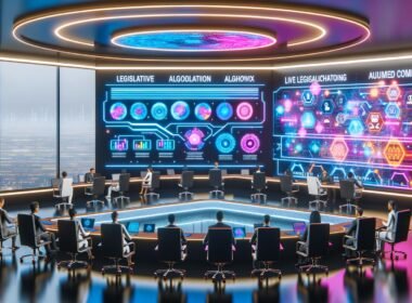 Moderner Konferenzraum 2025 mit diversen Expert:innen, die an holografischen Bildschirmen Gesetzgebungsprozesse, Algorithmen und smarte Verträge visualisieren.