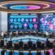 Moderner Konferenzraum 2025 mit diversen Expert:innen, die an holografischen Bildschirmen Gesetzgebungsprozesse, Algorithmen und smarte Verträge visualisieren.