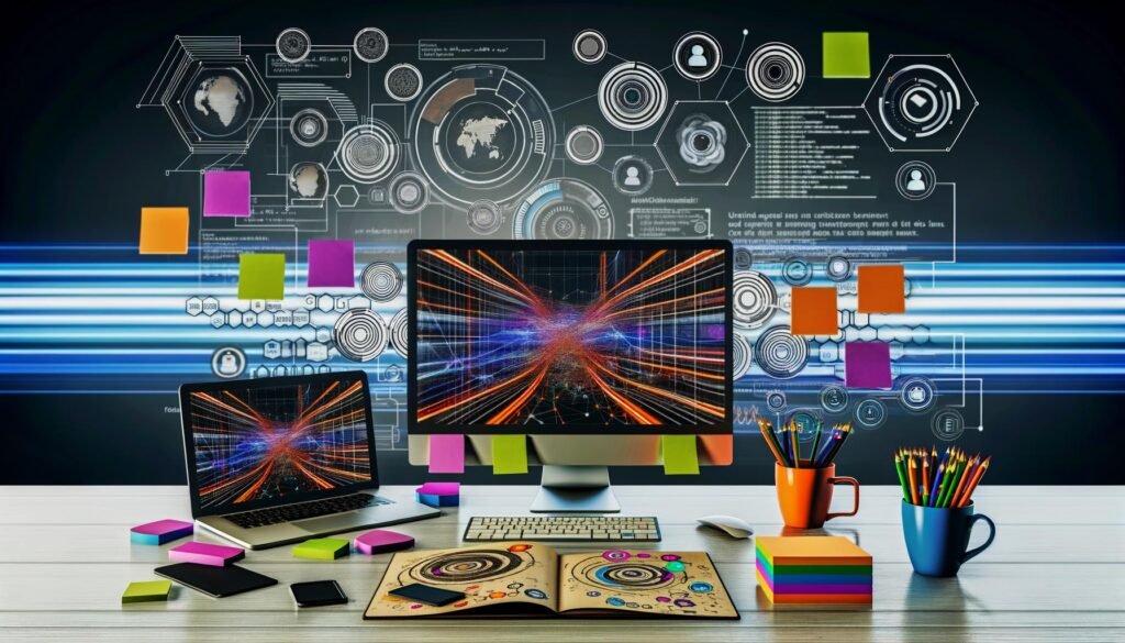 Modernes, ultra-organisiertes Tech-Labor mit Bildschirmen voller Daten, Skizzen der Nutzerreise, bunten Post-Its und abstrakten KI-Grafiken.