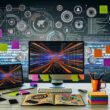 Modernes, ultra-organisiertes Tech-Labor mit Bildschirmen voller Daten, Skizzen der Nutzerreise, bunten Post-Its und abstrakten KI-Grafiken.