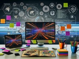 Modernes, ultra-organisiertes Tech-Labor mit Bildschirmen voller Daten, Skizzen der Nutzerreise, bunten Post-Its und abstrakten KI-Grafiken.