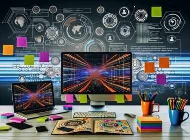 Modernes, ultra-organisiertes Tech-Labor mit Bildschirmen voller Daten, Skizzen der Nutzerreise, bunten Post-Its und abstrakten KI-Grafiken.