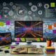 Modernes, ultra-organisiertes Tech-Labor mit Bildschirmen voller Daten, Skizzen der Nutzerreise, bunten Post-Its und abstrakten KI-Grafiken.