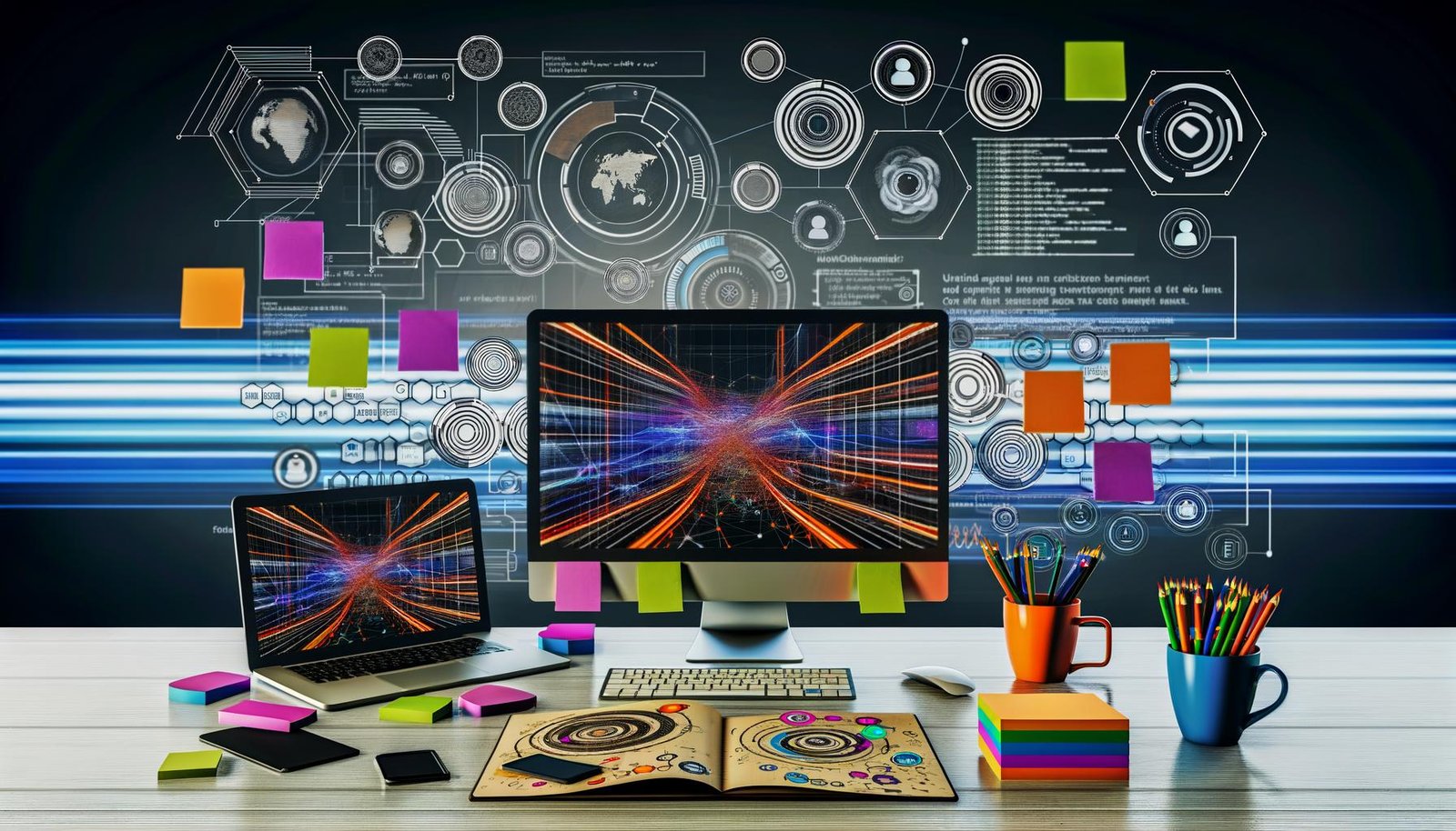 Modernes, ultra-organisiertes Tech-Labor mit Bildschirmen voller Daten, Skizzen der Nutzerreise, bunten Post-Its und abstrakten KI-Grafiken.
