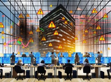 Chaotische Büroszene mit gestressten Angestellten vor Bildschirmen voller Software-Tools, Popups und Warnsymbole, dahinter aufbrechende Datensilos mit fließenden, bunten Datenströmen.