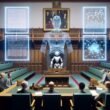 Futuristischer Sitzungssaal mit digitalen Displays, holografischem Gesetzestext, humanoidem Roboter und nachdenklichen Politikern, umgeben von klassischen Parlaments- und Staatssymbolen.
