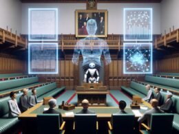 Futuristischer Sitzungssaal mit digitalen Displays, holografischem Gesetzestext, humanoidem Roboter und nachdenklichen Politikern, umgeben von klassischen Parlaments- und Staatssymbolen.