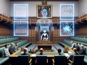Futuristischer Sitzungssaal mit digitalen Displays, holografischem Gesetzestext, humanoidem Roboter und nachdenklichen Politikern, umgeben von klassischen Parlaments- und Staatssymbolen.