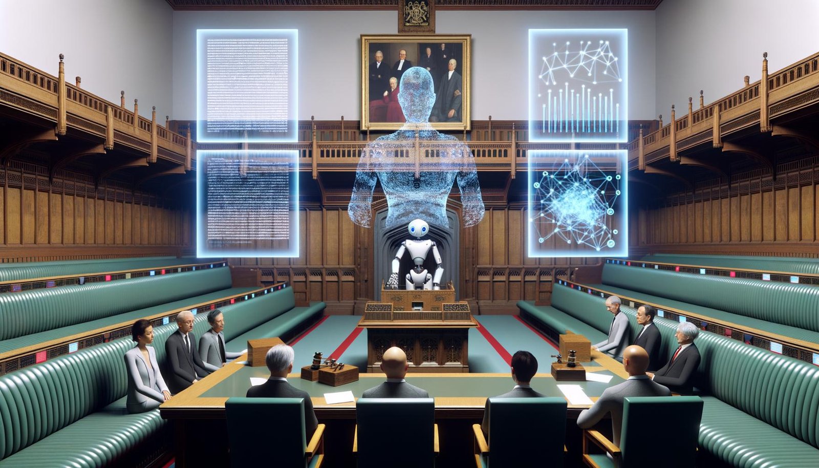 Futuristischer Sitzungssaal mit digitalen Displays, holografischem Gesetzestext, humanoidem Roboter und nachdenklichen Politikern, umgeben von klassischen Parlaments- und Staatssymbolen.