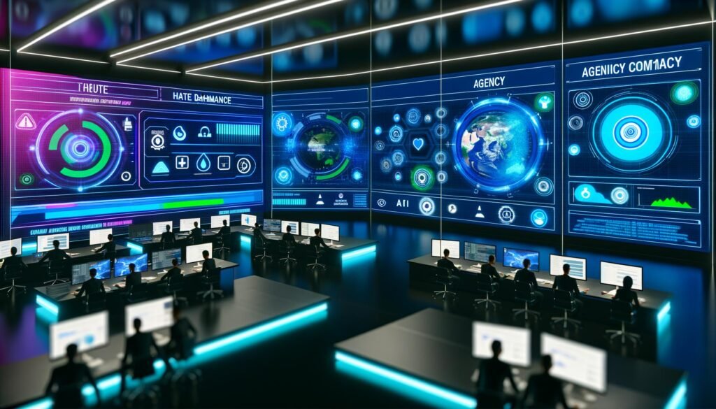 Futuristische Agentursteuerzentrale mit großen Dashboards, Datenströmen, Entwickler:innen und Marketer:innen an Laptops, umgeben von blauen und neongrünen Lichtern sowie Grafiken zu Echtzeit-Videoüberwachung und KI.
