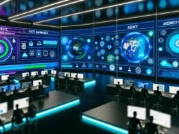 Futuristische Agentursteuerzentrale mit großen Dashboards, Datenströmen, Entwickler:innen und Marketer:innen an Laptops, umgeben von blauen und neongrünen Lichtern sowie Grafiken zu Echtzeit-Videoüberwachung und KI.