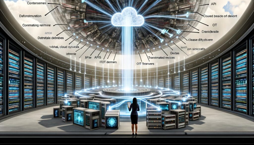 Dramatische, futuristische Maschinenraum-Illustration mit massivem Datennetzwerk, verbundenen IT-Systemen und prüfendem Techniker mit digitalem Klemmbrett.