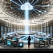 Dramatische, futuristische Maschinenraum-Illustration mit massivem Datennetzwerk, verbundenen IT-Systemen und prüfendem Techniker mit digitalem Klemmbrett.