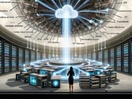 Dramatische, futuristische Maschinenraum-Illustration mit massivem Datennetzwerk, verbundenen IT-Systemen und prüfendem Techniker mit digitalem Klemmbrett.