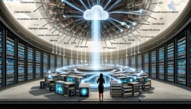 Dramatische, futuristische Maschinenraum-Illustration mit massivem Datennetzwerk, verbundenen IT-Systemen und prüfendem Techniker mit digitalem Klemmbrett.