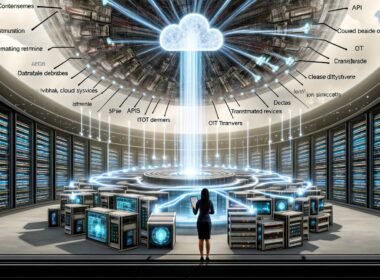Dramatische, futuristische Maschinenraum-Illustration mit massivem Datennetzwerk, verbundenen IT-Systemen und prüfendem Techniker mit digitalem Klemmbrett.