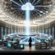 Dramatische, futuristische Maschinenraum-Illustration mit massivem Datennetzwerk, verbundenen IT-Systemen und prüfendem Techniker mit digitalem Klemmbrett.