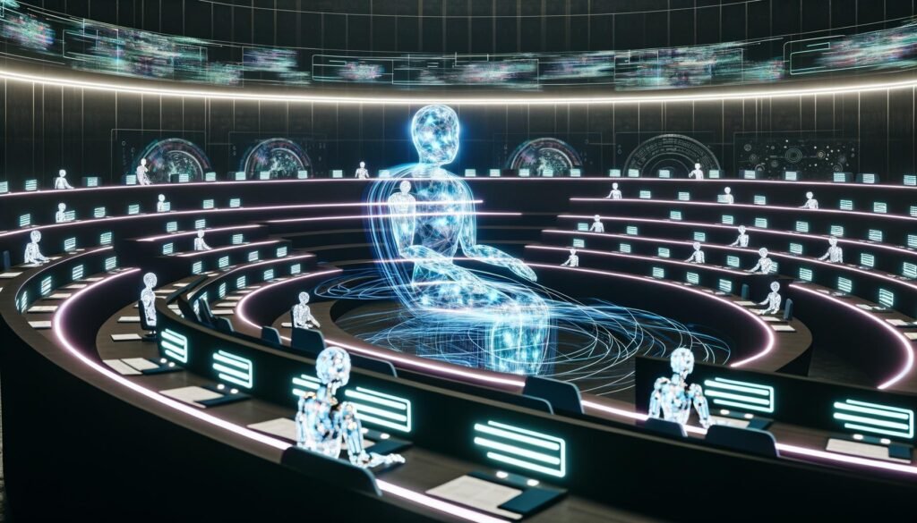 Eine futuristische Parlamentsszene mit Hologrammen, Robotern und einem schwebenden digitalen Gesetzbuch, umgeben von Blockchain-Symbolen und Datenströmen.