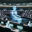 Eine futuristische Parlamentsszene mit Hologrammen, Robotern und einem schwebenden digitalen Gesetzbuch, umgeben von Blockchain-Symbolen und Datenströmen.