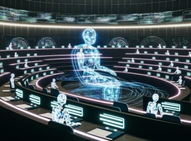 Eine futuristische Parlamentsszene mit Hologrammen, Robotern und einem schwebenden digitalen Gesetzbuch, umgeben von Blockchain-Symbolen und Datenströmen.