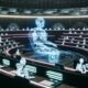 Eine futuristische Parlamentsszene mit Hologrammen, Robotern und einem schwebenden digitalen Gesetzbuch, umgeben von Blockchain-Symbolen und Datenströmen.