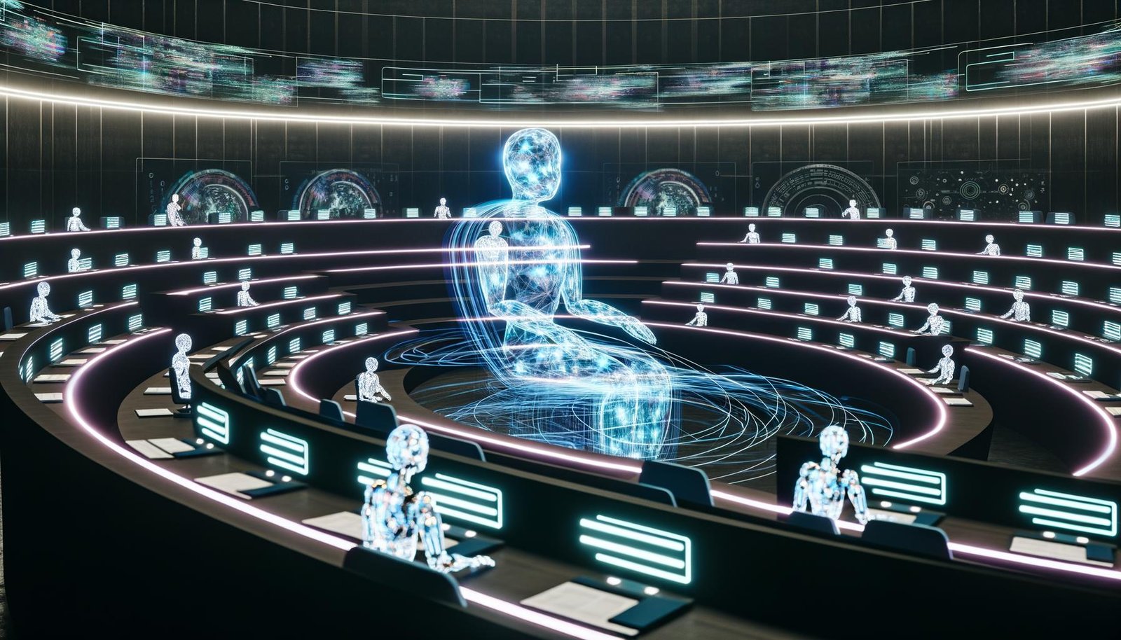 Eine futuristische Parlamentsszene mit Hologrammen, Robotern und einem schwebenden digitalen Gesetzbuch, umgeben von Blockchain-Symbolen und Datenströmen.