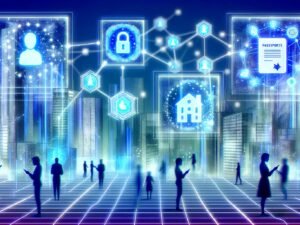 Futuristische Stadt mit Blockchain-Netzwerken, Smart Contracts, digitalisierten Staatsfunktionen und Menschen, die mit holografischen Overlays interagieren.