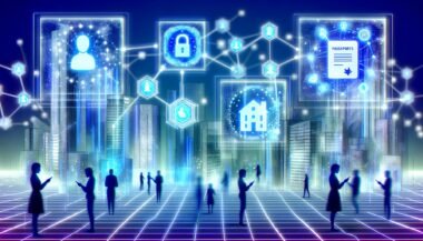 Futuristische Stadt mit Blockchain-Netzwerken, Smart Contracts, digitalisierten Staatsfunktionen und Menschen, die mit holografischen Overlays interagieren.