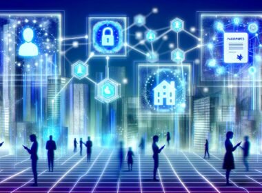 Futuristische Stadt mit Blockchain-Netzwerken, Smart Contracts, digitalisierten Staatsfunktionen und Menschen, die mit holografischen Overlays interagieren.